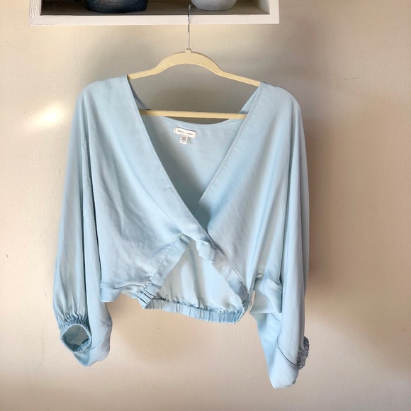 silence + noise Tops - Silence + Noise Satin Light Blue Wrap Top